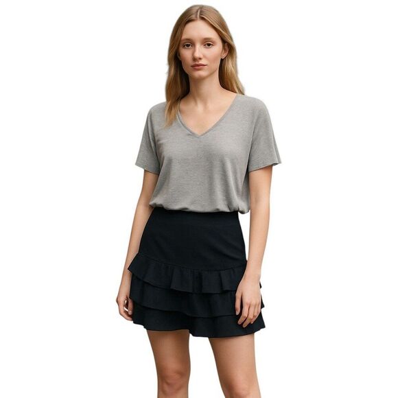 NEW Jay Godfrey Size 2 Mini Dress Gray Cotton Top and Black 3 Tier Ruffled Skirt - Picture 1 of 12